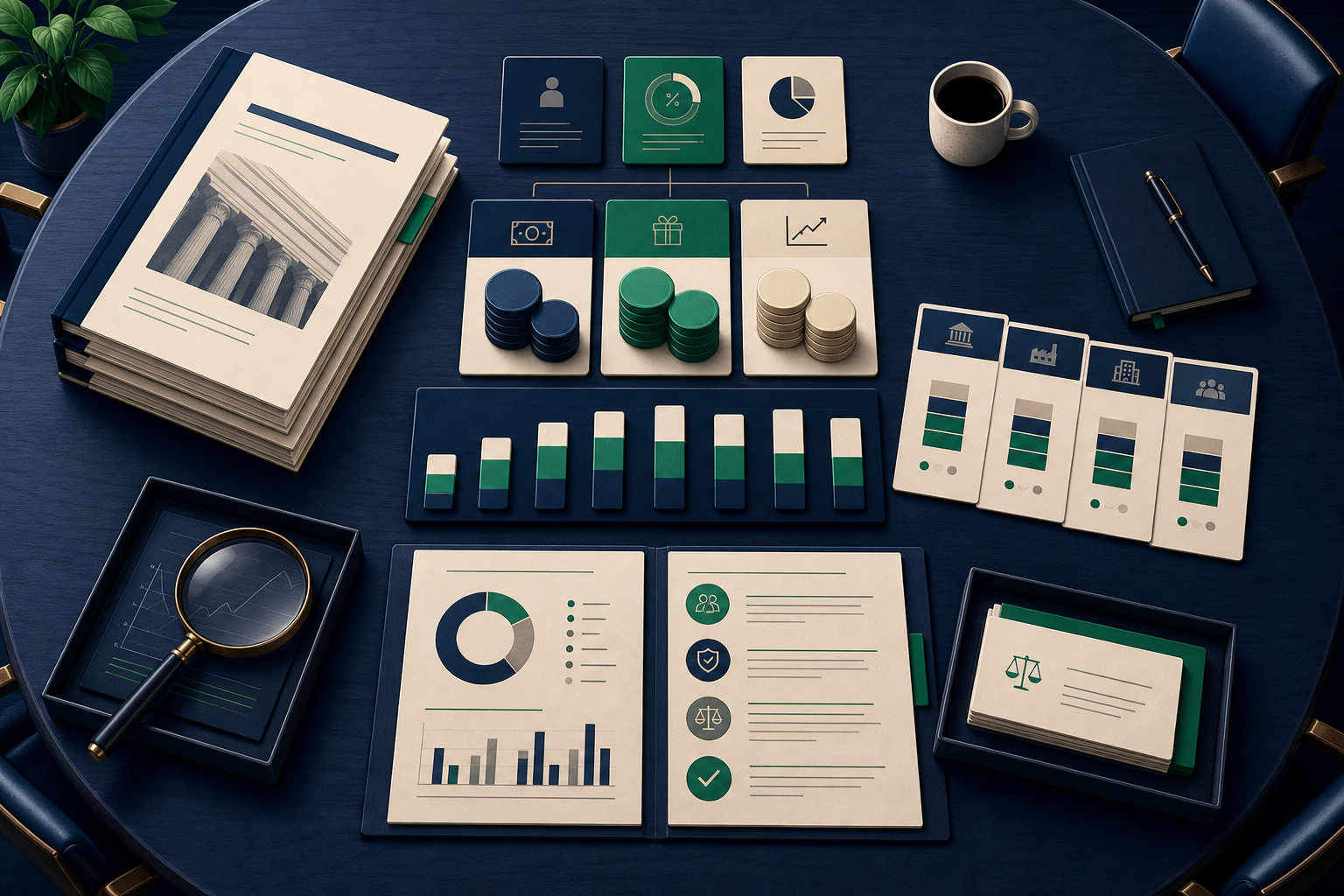 Boardroom table with proxy filing packets, compensation component tiles, comparison cards, and governance notes