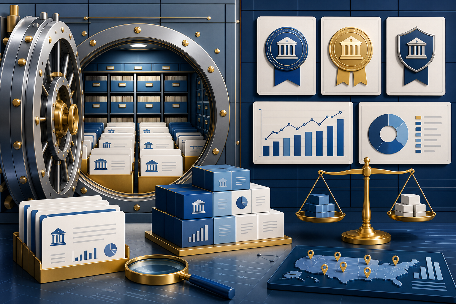 Bank vault filled with institution record cards, certificate badges, balance sheet blocks, and comparison charts