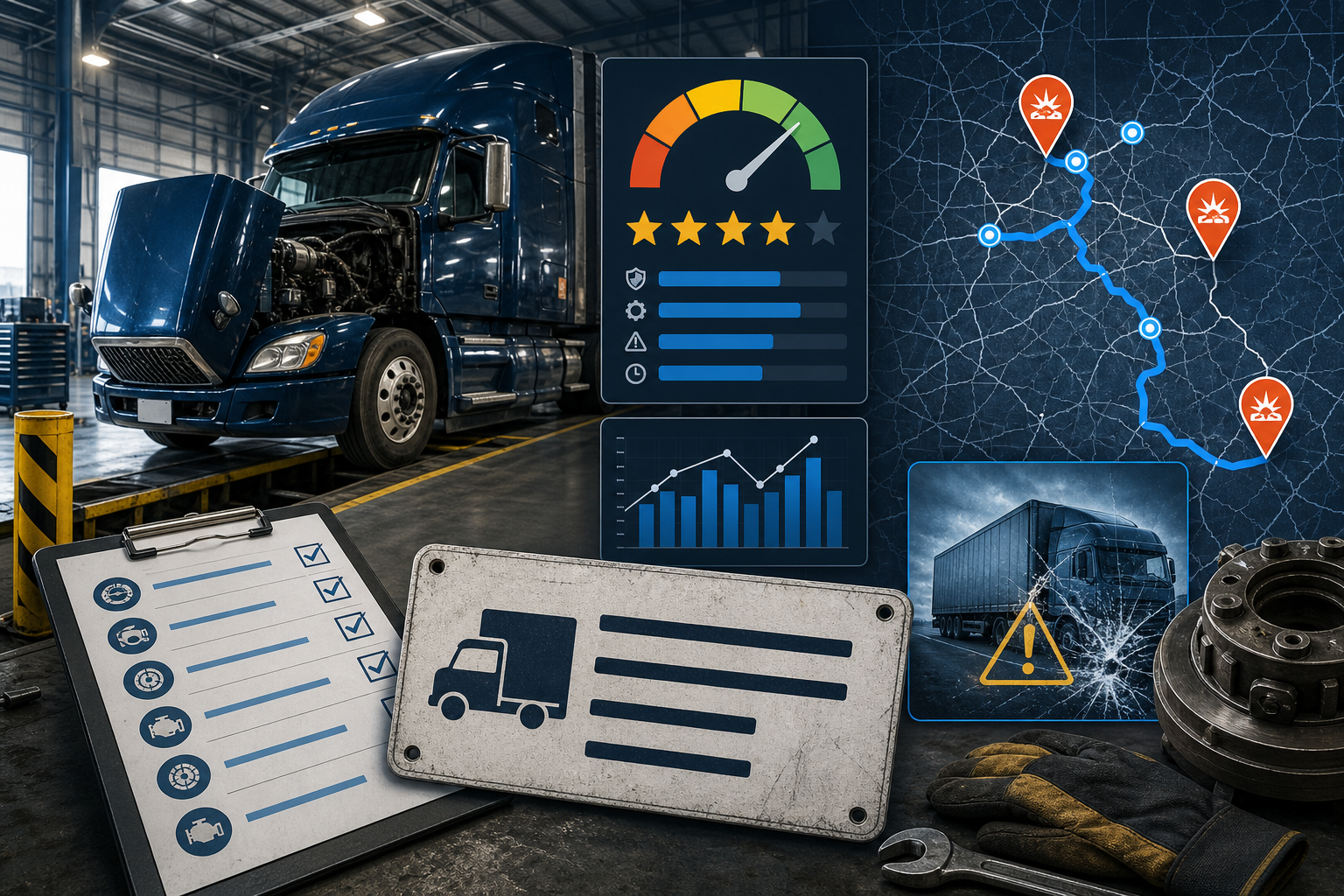 Truck inspection bay with safety gauges, DOT plate, inspection checklist, crash markers, and route map