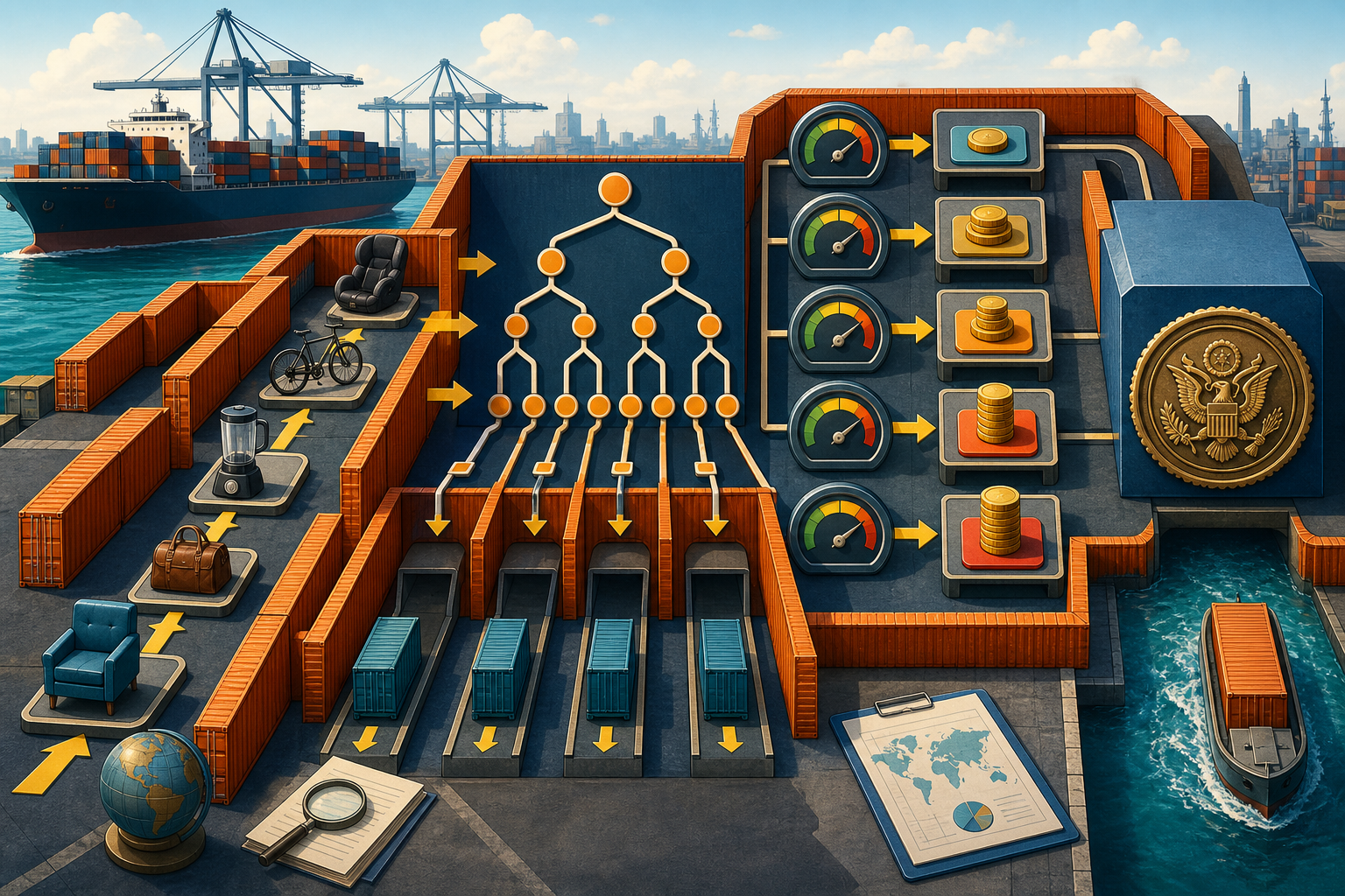 Shipping container maze showing product icons moving through tariff hierarchy, duty gauges, and surcharge markers