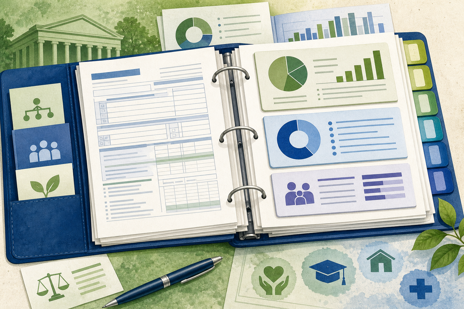 Open nonprofit financial filing binder with revenue charts, asset cards, officer compensation records, and filing-year tabs
