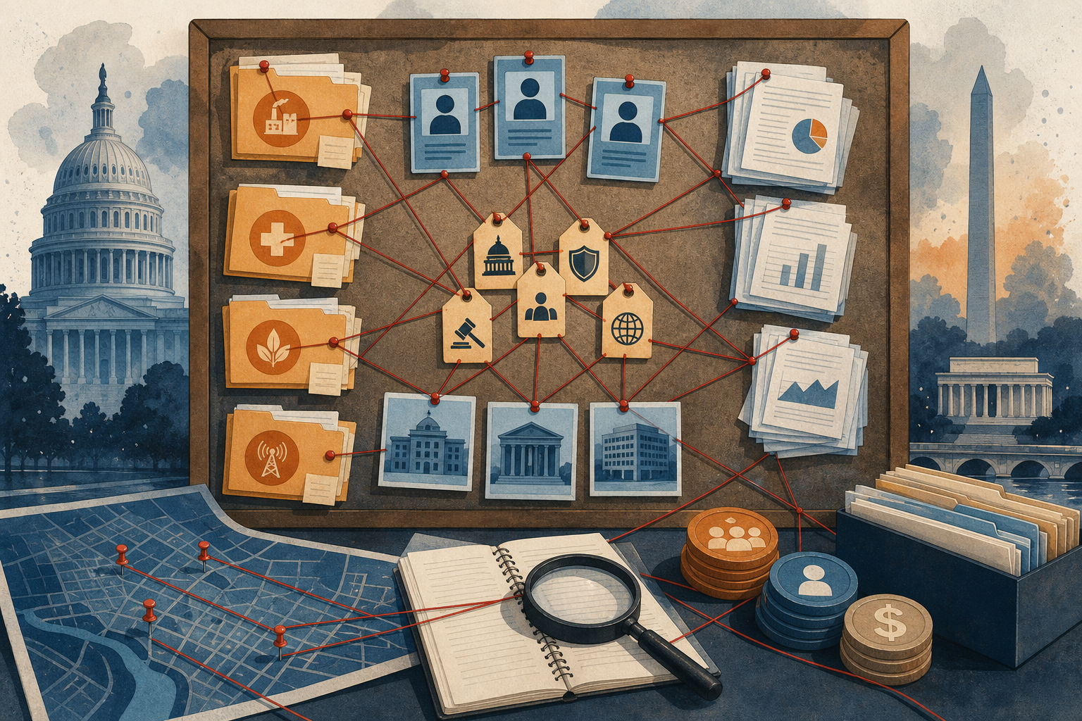 Investigative lobbying research board connecting clients, registrants, issue areas, filing stacks, and spending signals
