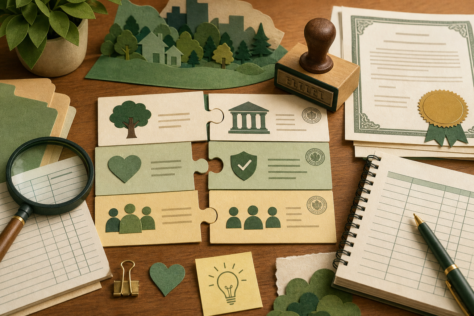 Nonprofit identity puzzle with EIN records, tax-exempt status cards, certificates, and organization match pieces