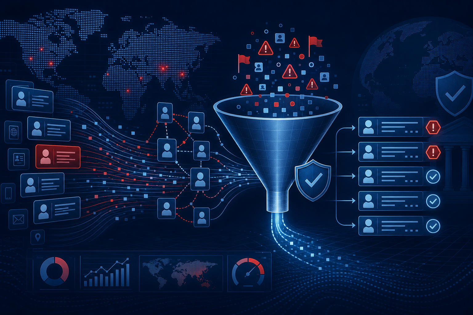 Sanctions screening funnel with watchlist records, alias chains, risk flags, and normalized match results