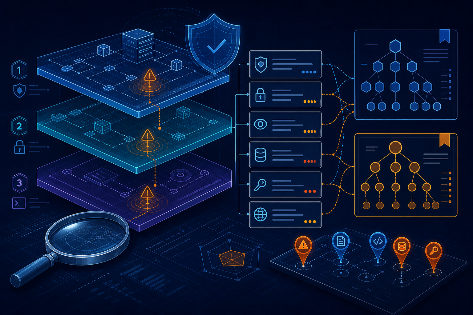 Security scoring blueprint with layered audit checks, evidence pins, risk rules, and taxonomy references