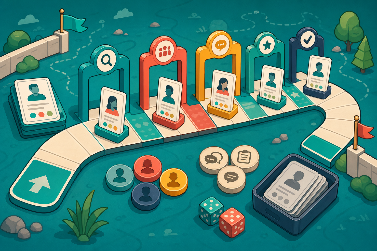 Board-game style recruiting pipeline with candidate cards moving through stage gates