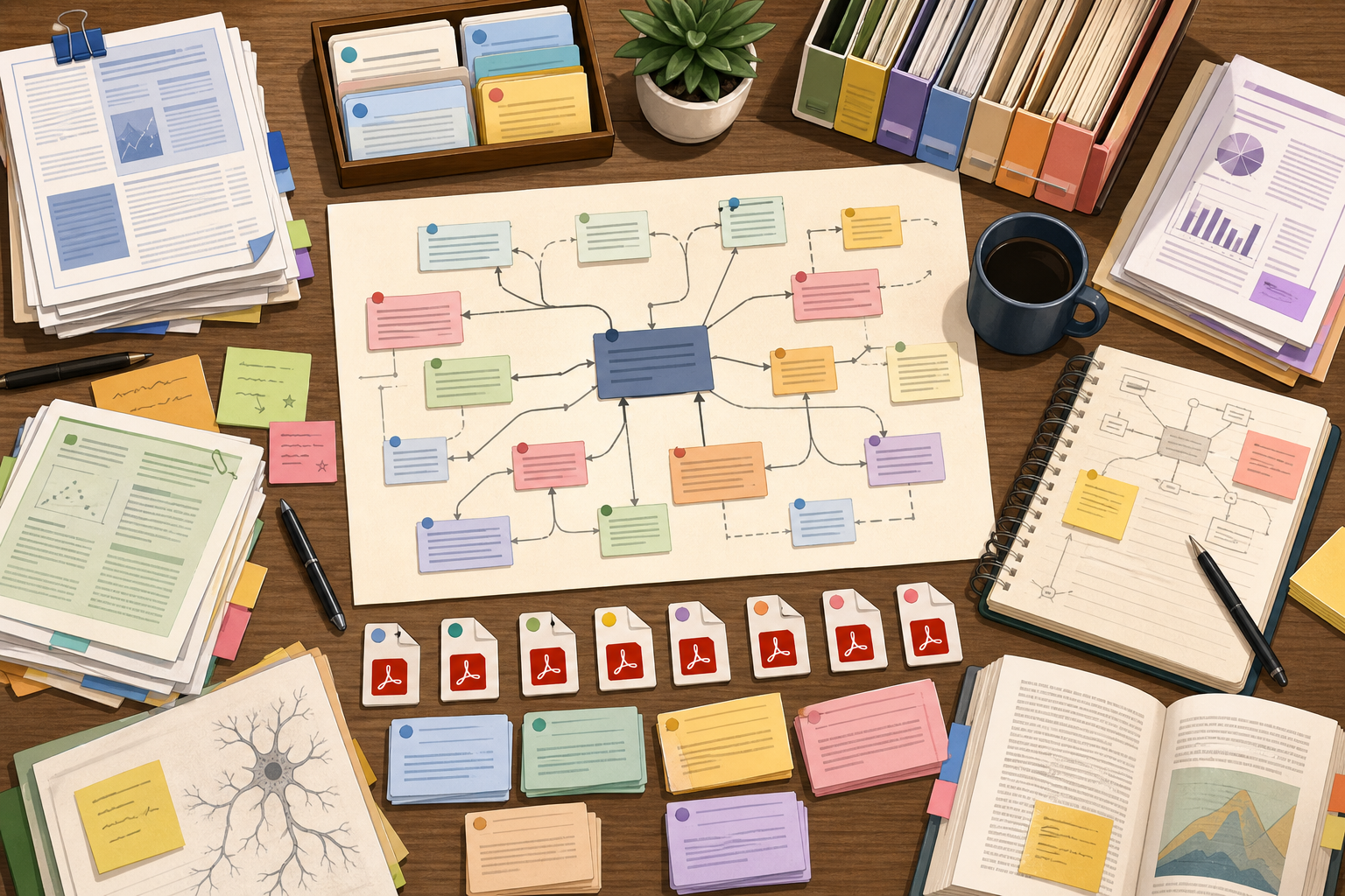 Flat-lay research workflow with citation cards, PDFs, annotations, folders, and a literature map