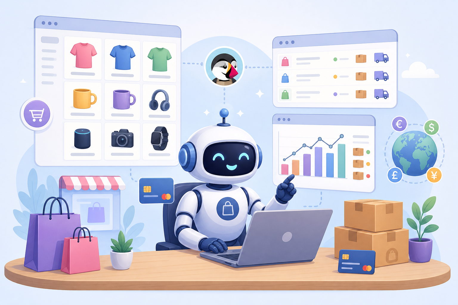 An AI agent at a desk operating a PrestaShop store, with floating panels for the product catalog, an order list with shipping, a stock chart, and a globe of currencies for localization