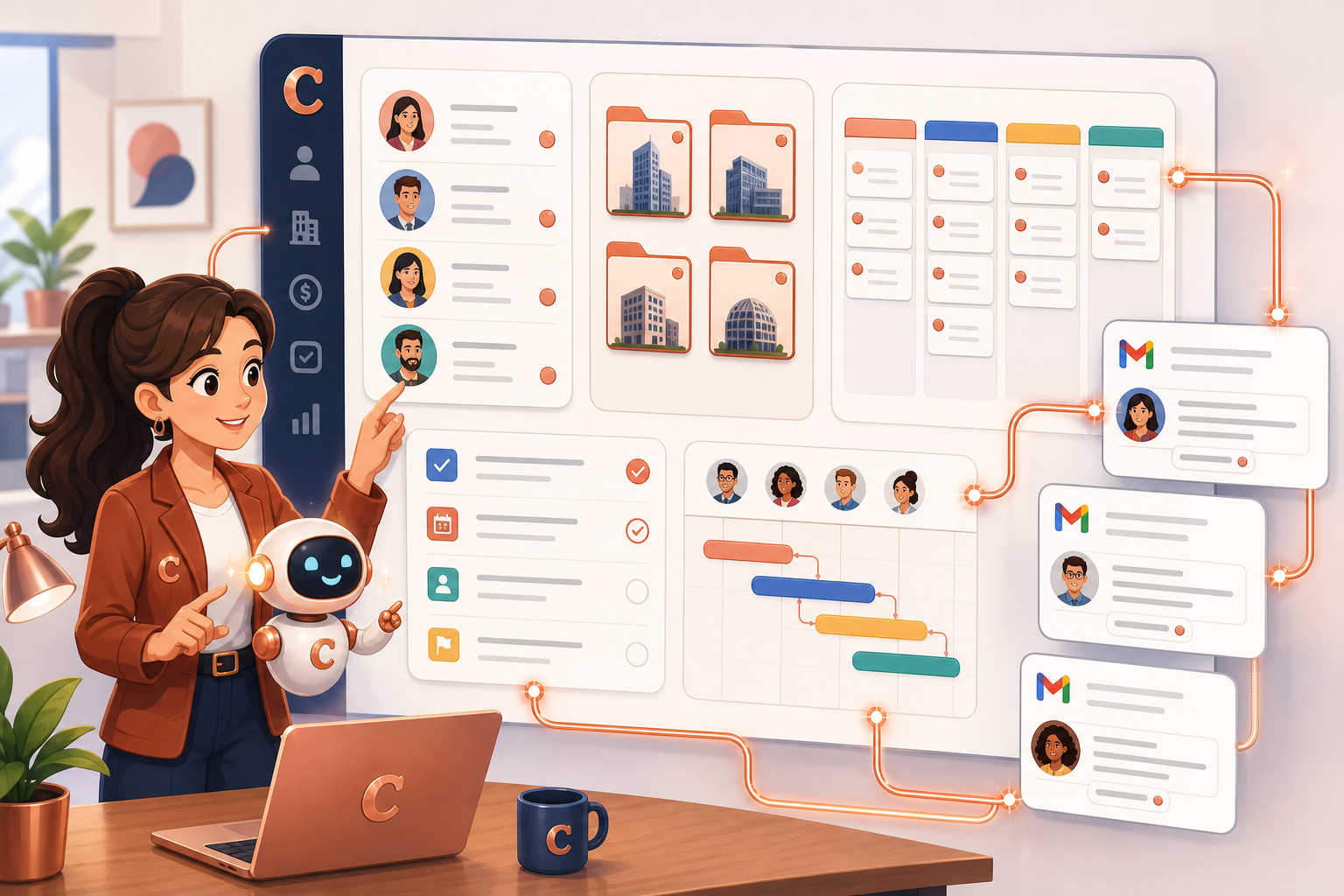 An AI sales assistant organizing Copper CRM contacts, company folders, pipeline cards, project tasks, and Gmail-style messages on a dashboard