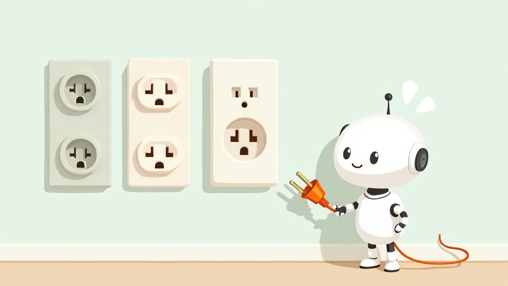 Cartoon illustration of a cheerful white robot holding a single orange MCP cable, facing a row of differently-shaped wall sockets — one universal cable, many host shapes