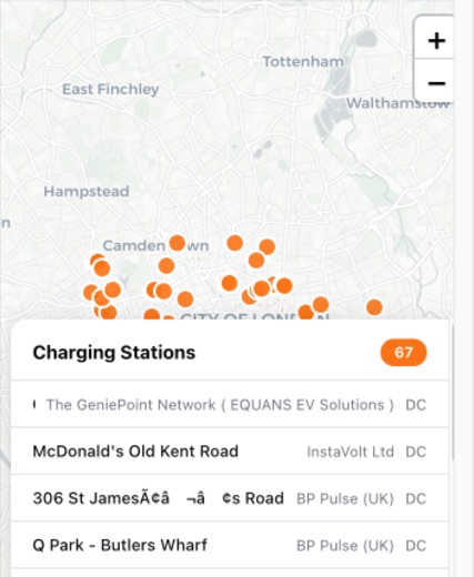 Charge Atlas EV charging stations on a map of London inside ChatGPT