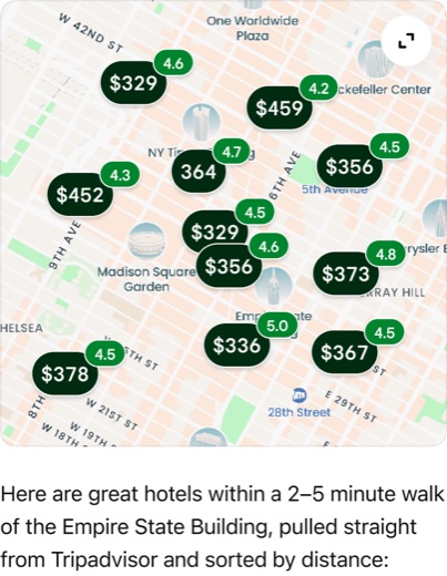 Tripadvisor hotel map with prices near the Empire State Building, rendered inside ChatGPT