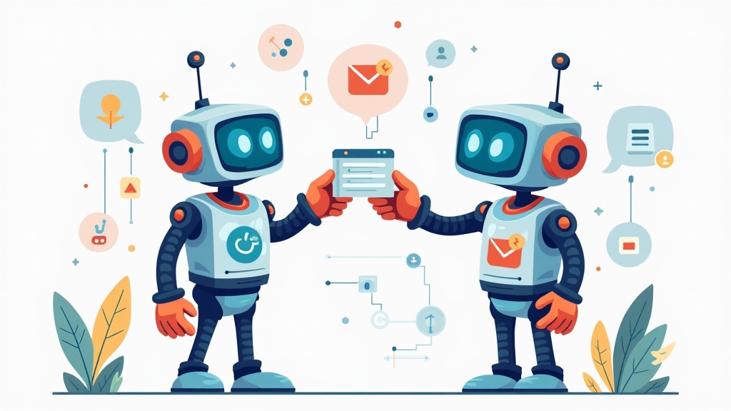 Two cartoon robots passing a work card between them, with tool icons in the background