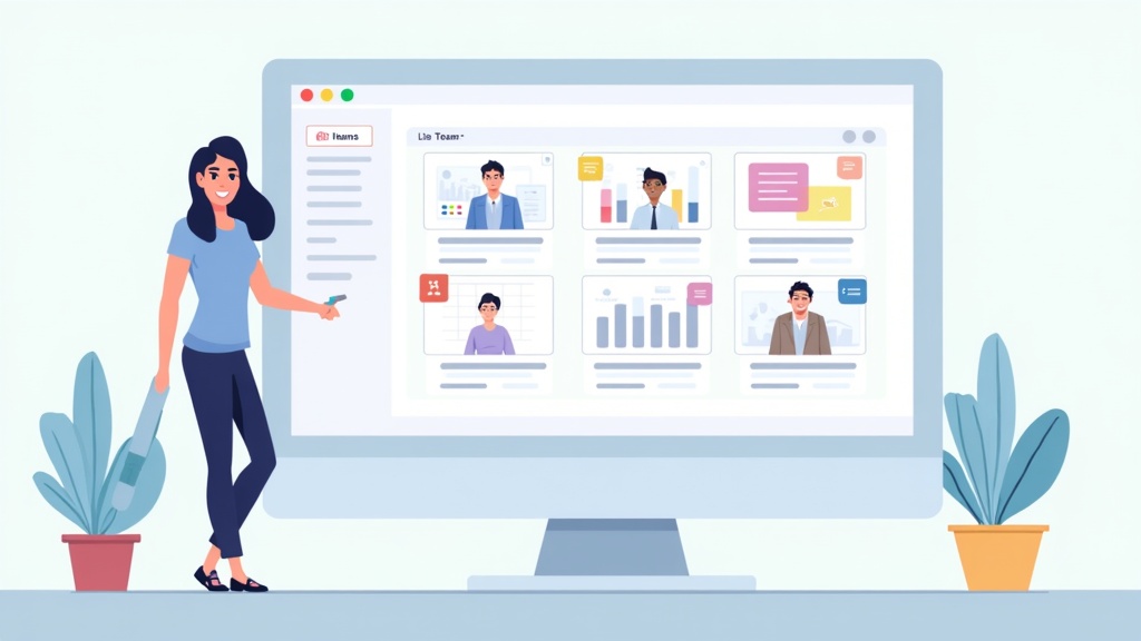 Cartoon illustration of a workforce analytics dashboard showing teams, projects, and task cards on a colorful office screen