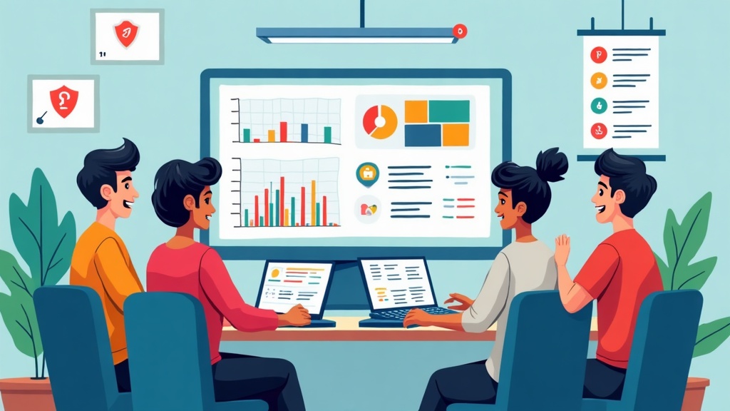 Cartoon illustration of a code quality dashboard with green and red quality gates, bug icons, and security shields on colorful developer screens