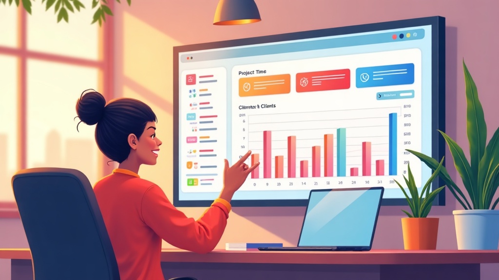 Cartoon illustration of a colorful agency workspace with a time-tracking dashboard showing projects, clients, and logged hours on a friendly screen