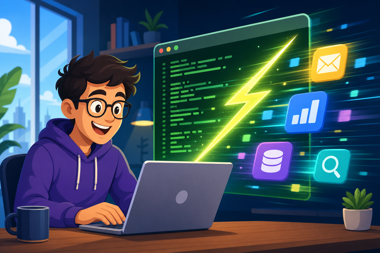 Cartoon illustration of a lightning bolt racing along a terminal command line while colorful service icons blur past — speed, CLI, cheerful tech mood
