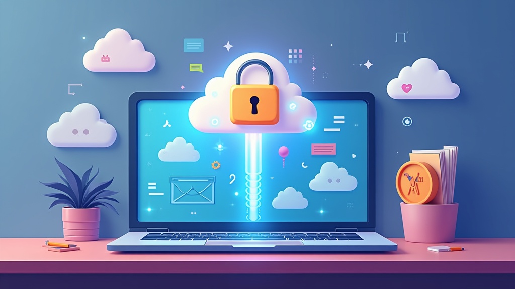 Cartoon illustration of a laptop with a menu bar app icon, a glowing secure tunnel connecting the laptop to a cloud with AI chat bubbles, and a notes vault folder on the desktop