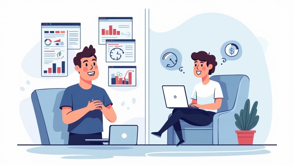 Split-screen cartoon illustration: left shows stressed SEO manager surrounded by multiple browser tabs and charts, right shows same person relaxed while chatting with friendly AI assistant
