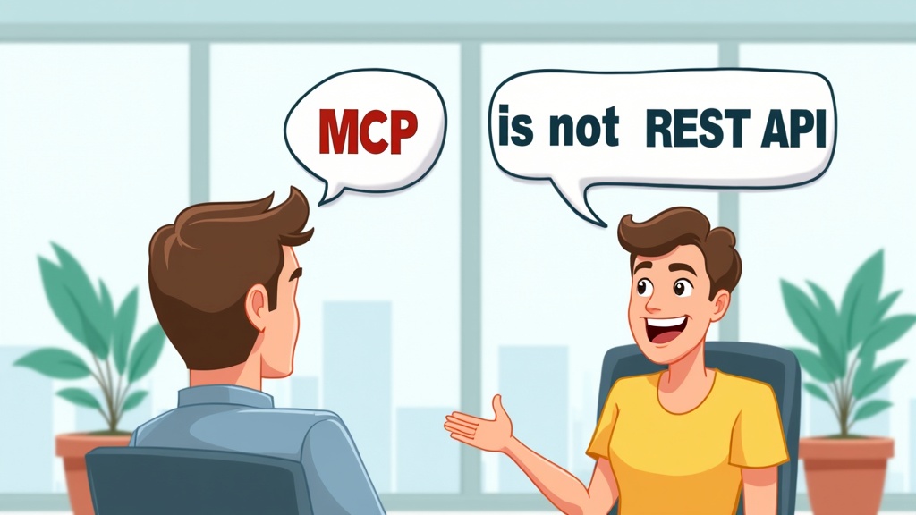 Cartoon illustration of a person explaining MCP is not REST API, showing differences, happy expression
