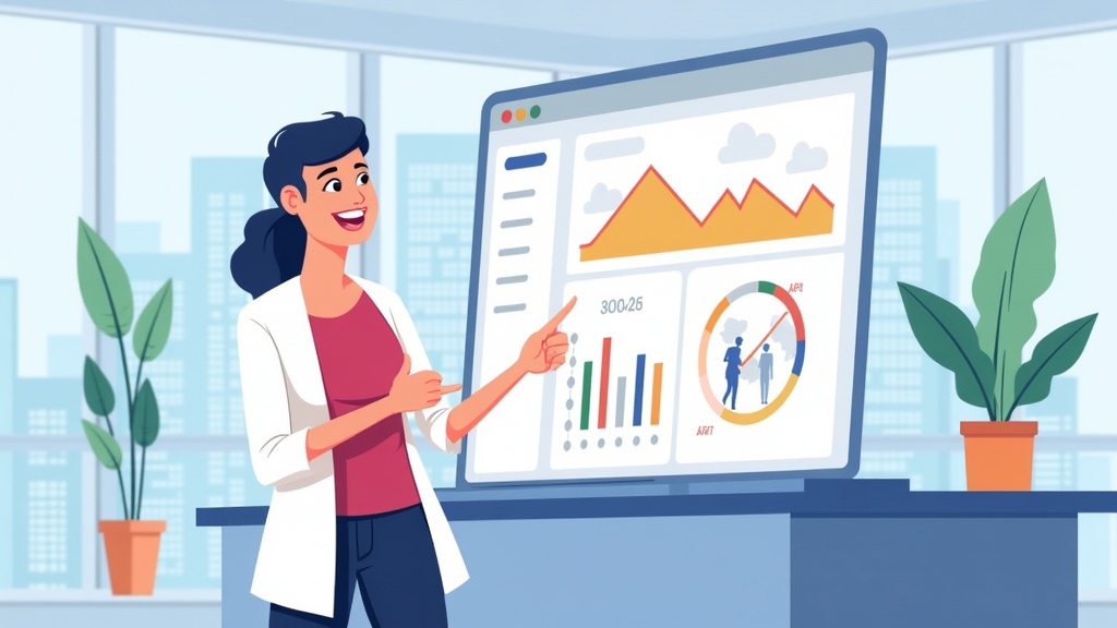 Cartoon illustration of a person managing account settings and API usage, checking dashboard, happy expression