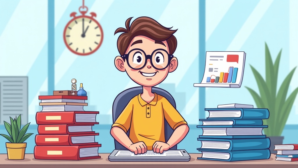 Cartoon illustration of a person organizing Ahrefs SEO tools into focused bundles, happy expression
