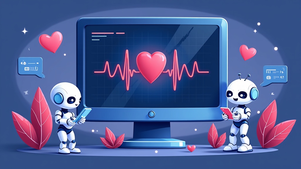 Cartoon illustration of robots performing scheduled heartbeat tasks with a monitor display